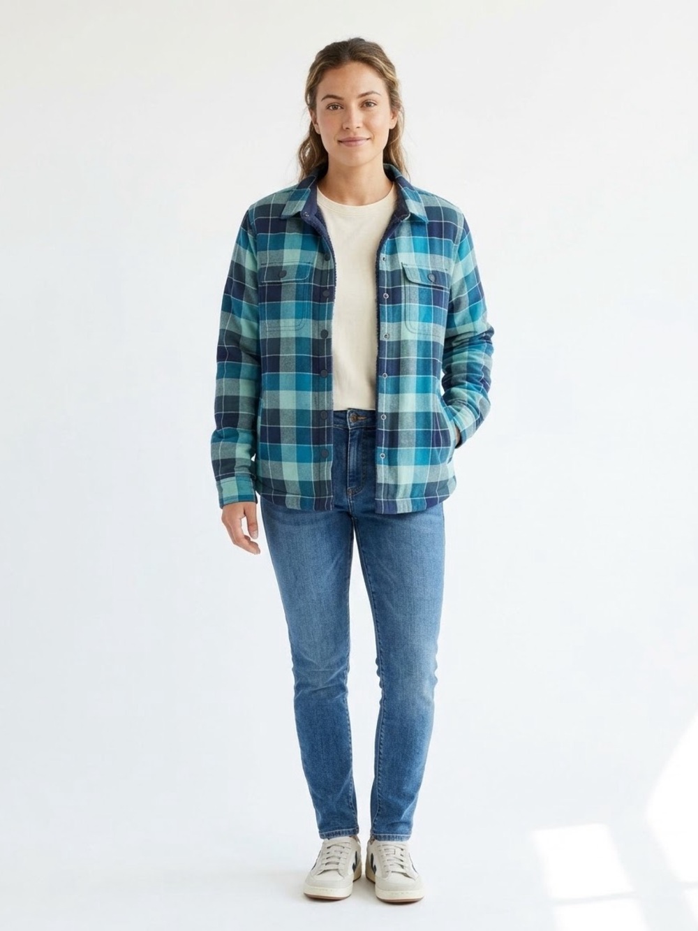 L.L. Bean Women’s Fleece Lined Flannel Shirt Jacket Plaid Blue Teal Small Petite